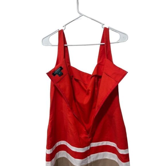 Lauren Ralph Lauren Orange White Tan Stripes Sheath Dress Zip Back Pockets Sz 12 - Picture 7 of 10